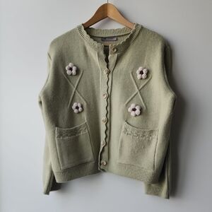 Soft Sage Green Flower Appliqué Cardigan Sweater